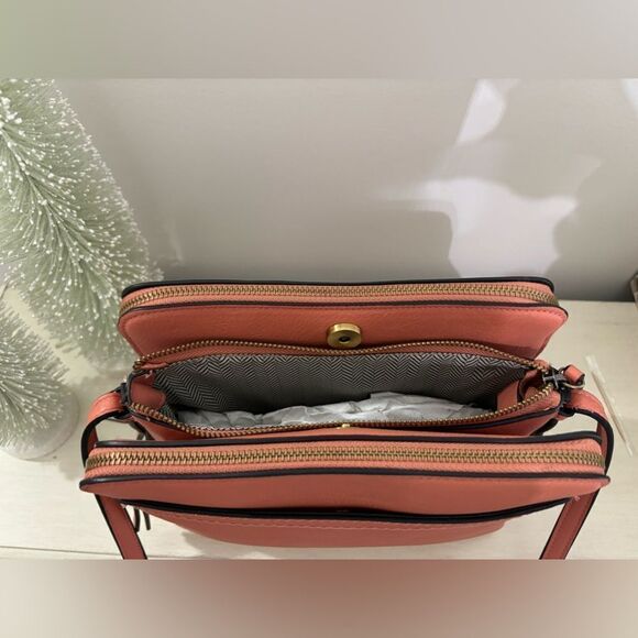 Dusty Orange Crossbody, 4 Zipper Compartments, 3 Slip Pockets, Adjustable Strap - Picture 4 of 12